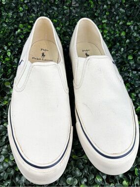 Polo by Ralph Lauren Off-White Canvas Slip-On Loafers with Navy Trim